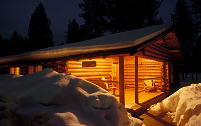 Clearwater Lodge at Night in Winter